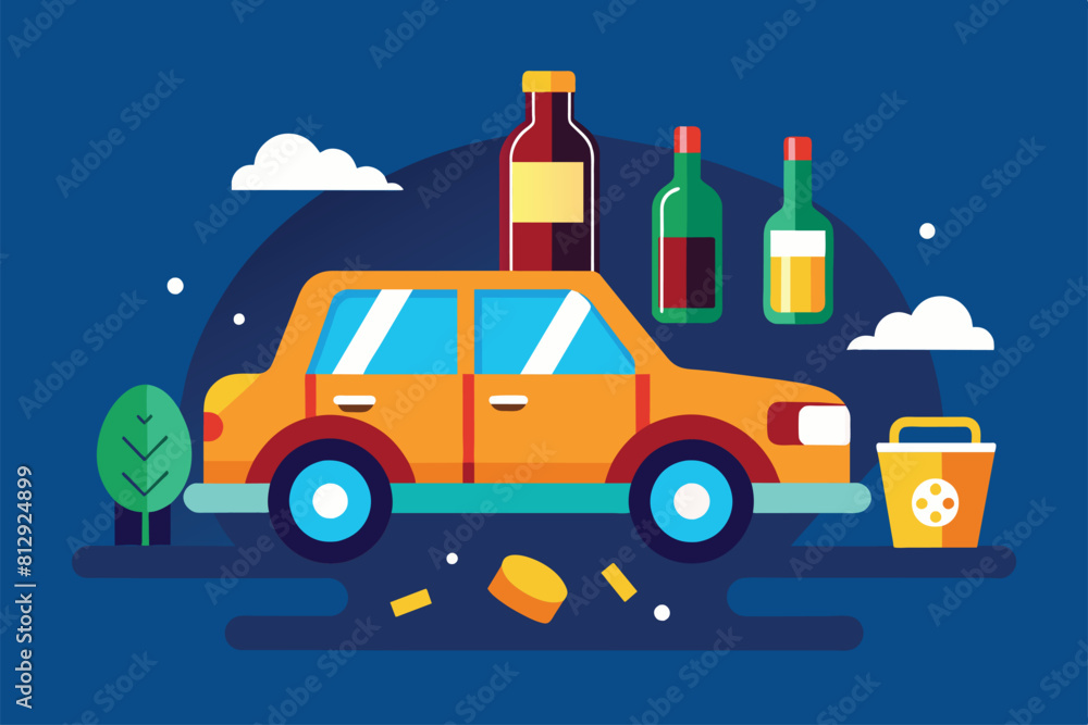A car is shown with multiple bottles of alcohol placed on its roof, illustrating the dangers of drunk driving, Drunk driving Customizable Semi Flat Illustration A car is shown with multiple bottles of alcohol placed on its roof, illustrating the dangers of drunk driving, Drunk driving Customizable Semi Flat Illustration