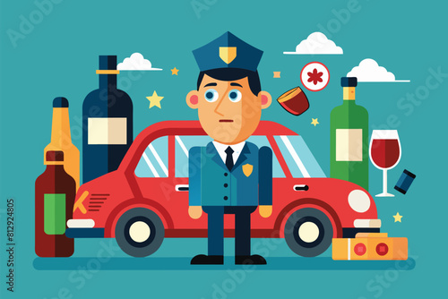 A man wearing a uniform stands next to a vibrant red car in a parking lot, Drunk driving Customizable Disproportionate Illustration