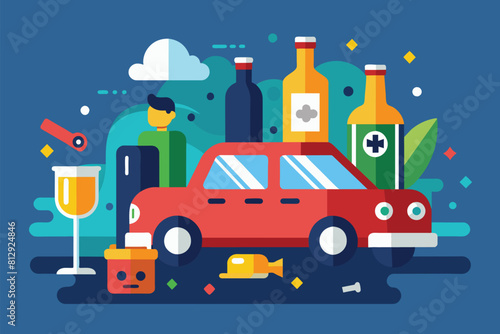 A red car sits amongst a scattering of bottles and glasses, illustrating the dangers of drunk driving, Drunk driving Customizable Flat Illustration