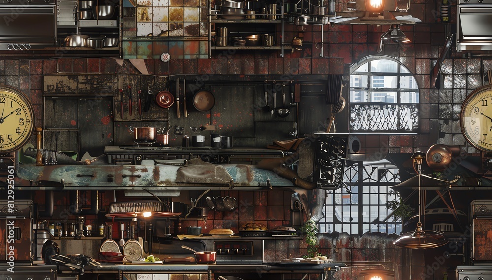 Illustrate a post-apocalyptic chefs kitchen