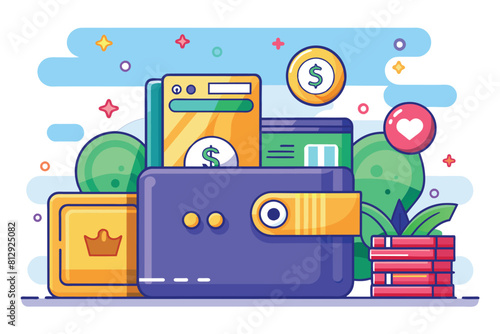 A wallet with cash spilling out of it, illustrating wealth and abundance, Wallet Customizable Semi Flat Illustration