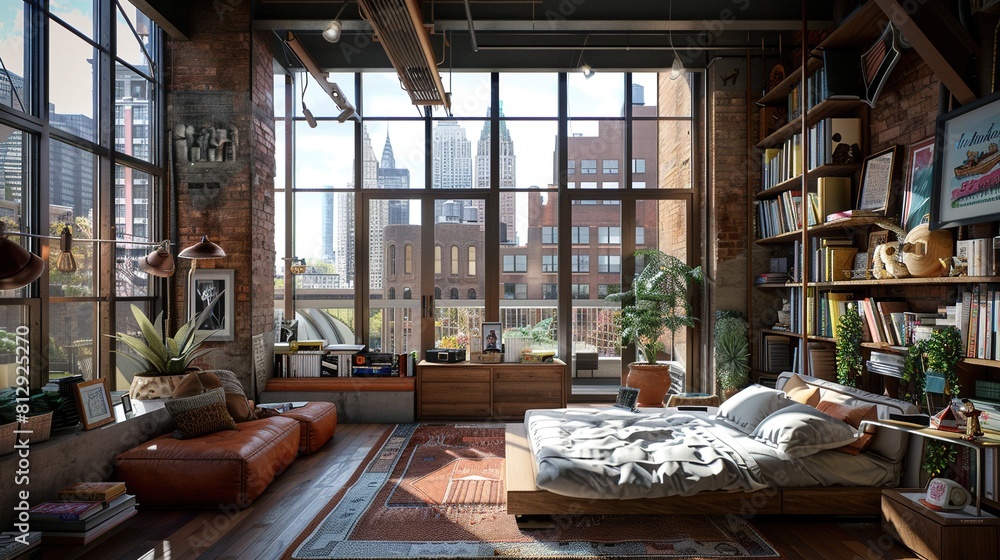 Spacious and airy studio apartment with large windows, city views, and a mix of rustic and modern design elements. Airy Studio Apartment with City Views