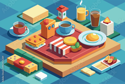 A table with a plate of food and a cup of coffee arranged on top, Eat breakfast Customizable Isometric Illustration
