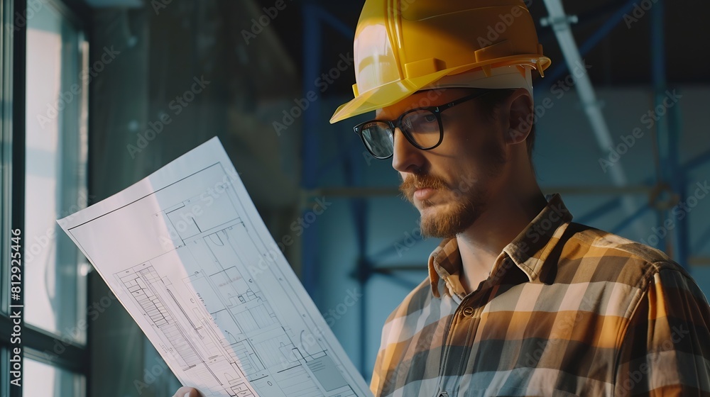Portrait of an architect builder studying layout plan of the rooms serious civil engineer working with documents on construction site : Generative AI Portrait of an architect builder studying layout plan of the rooms serious civil engineer working with documents on construction site : Generative AI