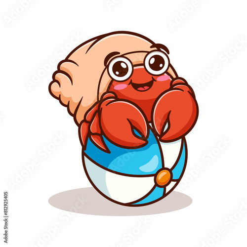 cartoon illustration design of a cute and kawaii hermit crab sitting on a beach ball photo