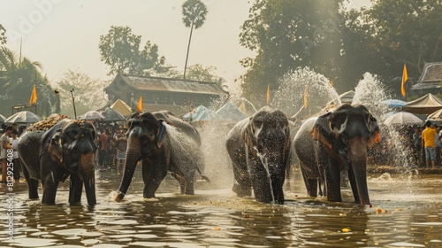 The Elephant Water Festival in Ayutthaya Thailand where elephants play in the river splashing water on each other and onlookers accompanied by traditi photo