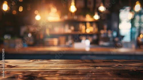 Wood table top on blurred of counter cafe shop with light bulbBackground for montage product display or design key visual layout : Generative AI