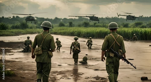 Fictional video of Americans in the Vietnam War. photo