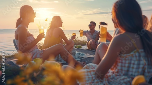 Group of happy friends having picnic drinking lemonade and eating fruits sitting near sea at sunset Summer vacation : Generative AI © Generative AI