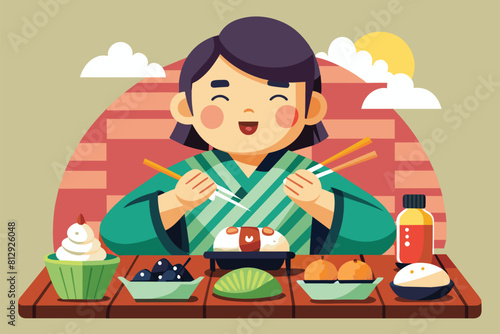 A woman sitting at a table, using chopsticks to eat sushi, Eating sushi Customizable Flat Illustration