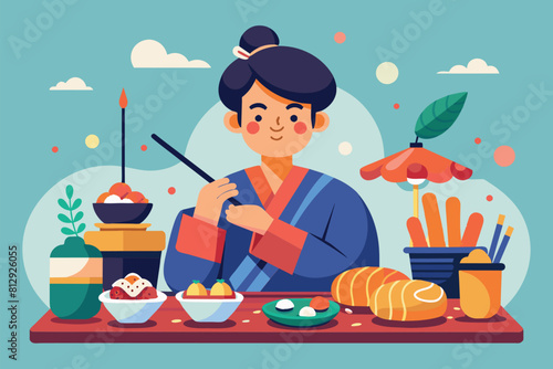 A man wearing a kimono sits at a table laden with various Japanese dishes, Eating sushi Customizable Flat Illustration