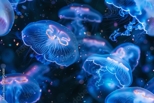 Immerse viewers into a bioluminescent underwater realm featuring luminous jellyfish gliding gracefully under an ethereal moonlit glow