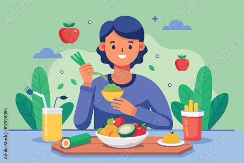 A woman sitting at a table with a bowl of vegan food in front of her, Eating vegan food Customizable Flat Illustration