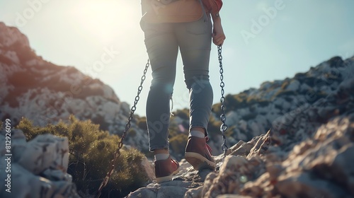 Back view of unrecognizable female explorer in casual clothes and trainers holding chain while hiking on rocky slope during summer vacation in penon de ifach in calpe alicante spain : Generative AI photo