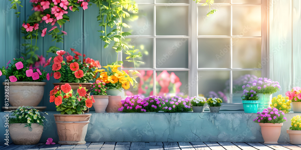 House decorated with with blooming flower pots in a sunny day background - Ai Generated
