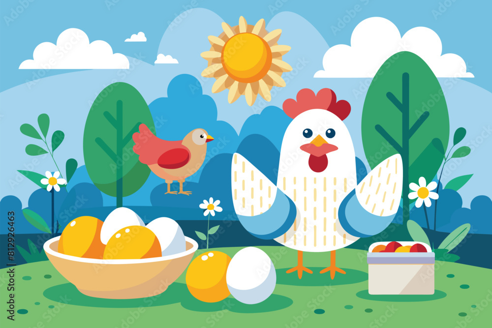 Obraz premium A chicken stands next to a bowl filled with eggs in a customizable semi-flat illustration, Eggs and chicken Customizable Semi Flat Illustration