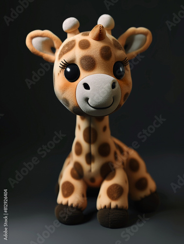 A giraffe plush toy is sitting on a decorative background. Has cute and smiling face. 