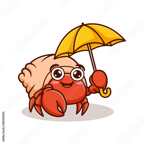 cute and kawaii hermit crab cartoon illustration design using umbrella