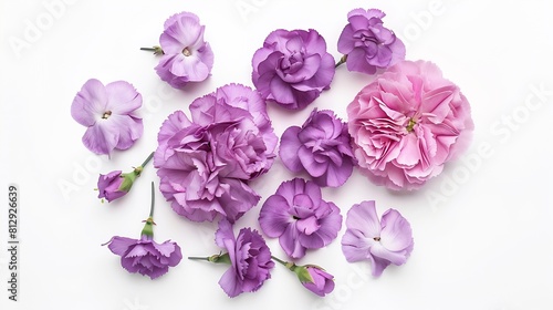 Beautiful carnation rose flower limonium branch lilac purple violet isolated on white background Holiday present Bride bouquet Creative layout Top view flat lay Design element : Generative AI