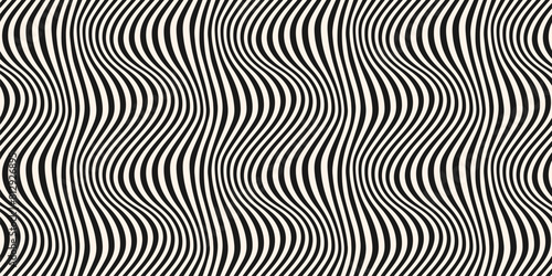 Abstract groovy vector seamless pattern with curved lines  wavy stripes  fluid shapes. Black and white distorted background. Dynamical monochrome rippled texture  3D effect design  optical illusion