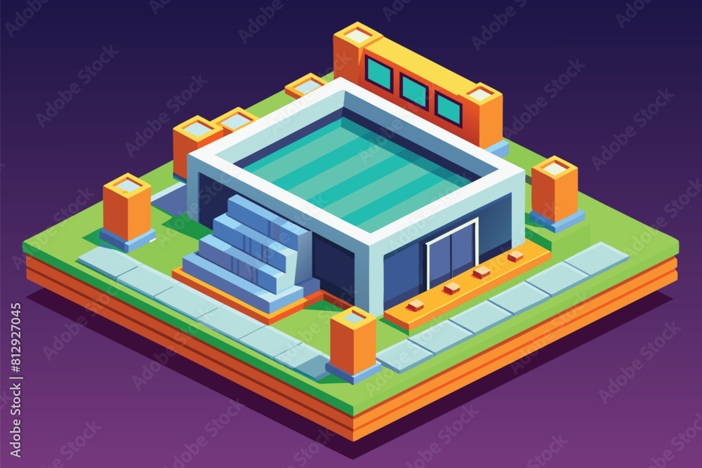 A building with a pool on its rooftop, under a clear sky, Empty Customizable Isometric Illustration A building with a pool on its rooftop, under a clear sky, Empty Customizable Isometric Illustration