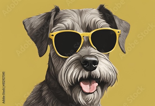 "Realistic bust drawing of a happy male brown schnauzer dog with black sunglasses, a friendly and cool appearance, wearing a black collar, si