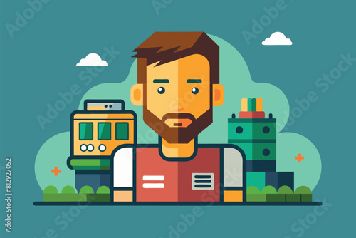 Bearded man standing in front of a train, Empty Customizable Semi Flat Illustration