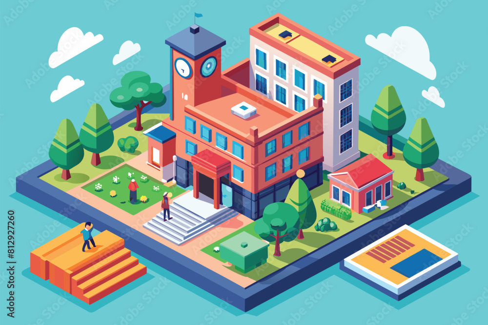 A building in an urban area with a prominent clock on top, under a cloudy sky, End of school Customizable Isometric Illustration A building in an urban area with a prominent clock on top, under a cloudy sky, End of school Customizable Isometric Illustration