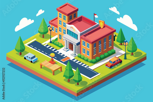 Illustration of a school building with several cars parked in front of it, End of school Customizable Isometric Illustration