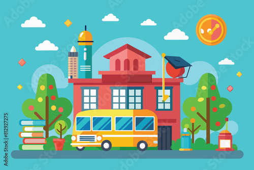 A school bus is parked in front of a building at the end of the school day, End of school Customizable Semi Flat Illustration