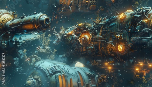 Bring the surreal underwater world to life through an eye-level perspective of an archaeological robotic expedition Utilize a mix of digital and traditional art styles to depict th