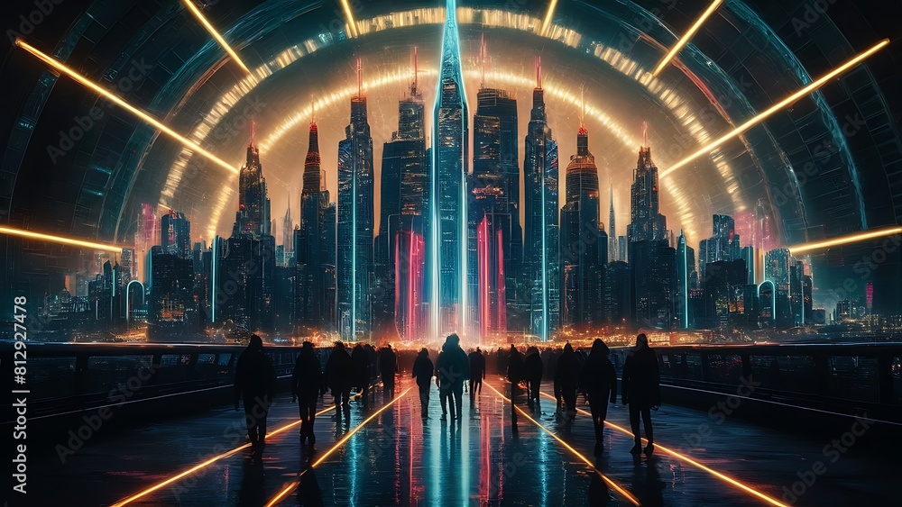 neon glowing futuristic cityscape, skyscraper, AI Generative