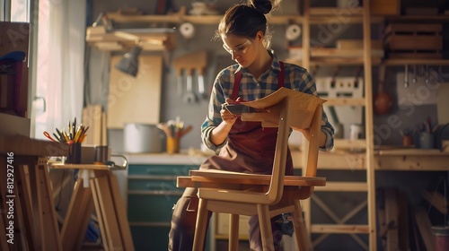 Young Woodworker Checking the Layout Manual of a Stylish Handmade Wooden Chair Talented Female Furniture Designer Working in a Workshop in a Creative Loft Space with Tools and Equipmen : Generative AI photo