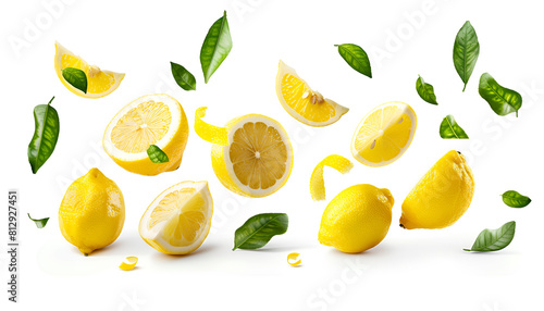Fresh raw whole and cut lemons with green leaves falling in the air isolated on white background