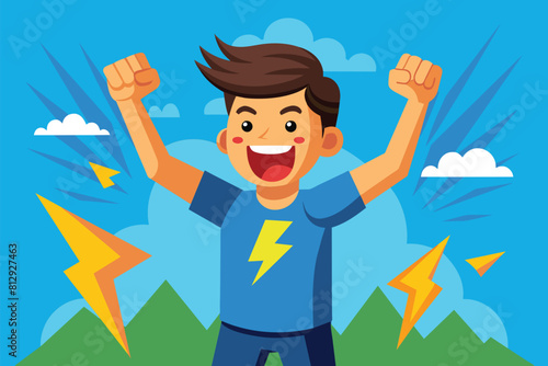 A young man energetically celebrates, raising his arms in excitement, Enthusiastic Customizable Disproportionate Illustration