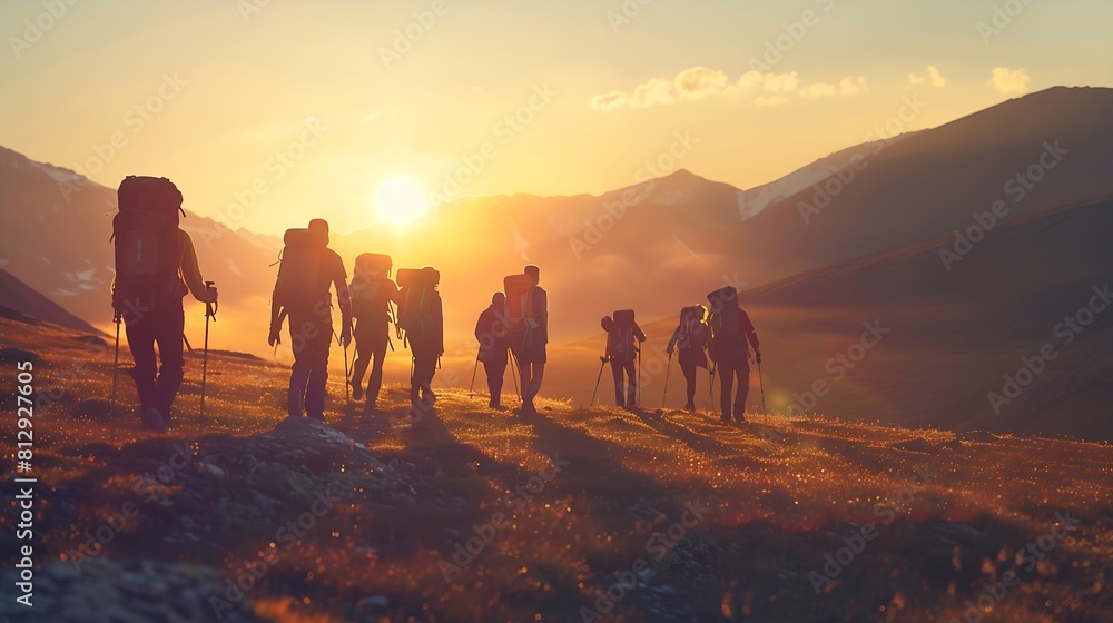 Group of sporty people walks in mountains at sunset with backpacks Altai mountains Siberia Russia : Generative AI Group of sporty people walks in mountains at sunset with backpacks Altai mountains Siberia Russia : Generative AI