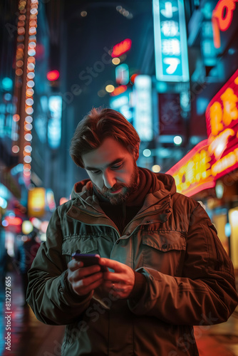 Caucasian man using mobile phone at night on city street.
