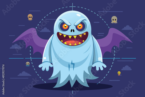 A cartoon ghost with orange glowing eyes and sharp fangs, designed to appear menacing and evil, Evil ghost Customizable Disproportionate Illustration