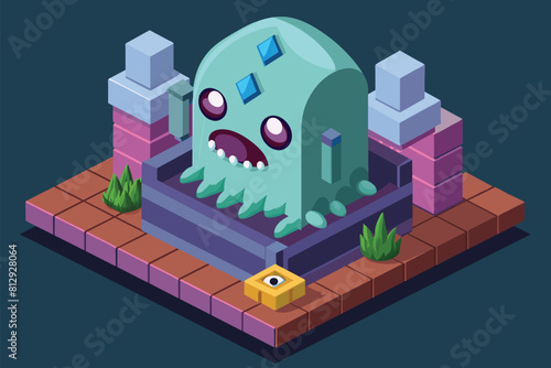 An isometric illustration of a menacing monster lurking within a building, ready to strike, Evil ghost Customizable Isometric Illustration
