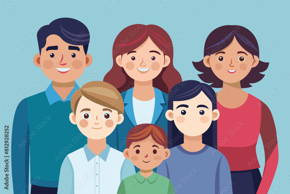 A varied group of individuals, including men and women of different ages and ethnicities, standing side by side in a row, Family Customizable Semi Flat Illustration A varied group of individuals, including men and women of different ages and ethnicities, standing side by side in a row, Family Customizable Semi Flat Illustration
