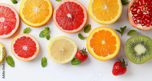 Wallpaper of fresh fruits on a white background with copy space for texts