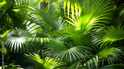 A photograph of bright green palm leaves with the sun shining