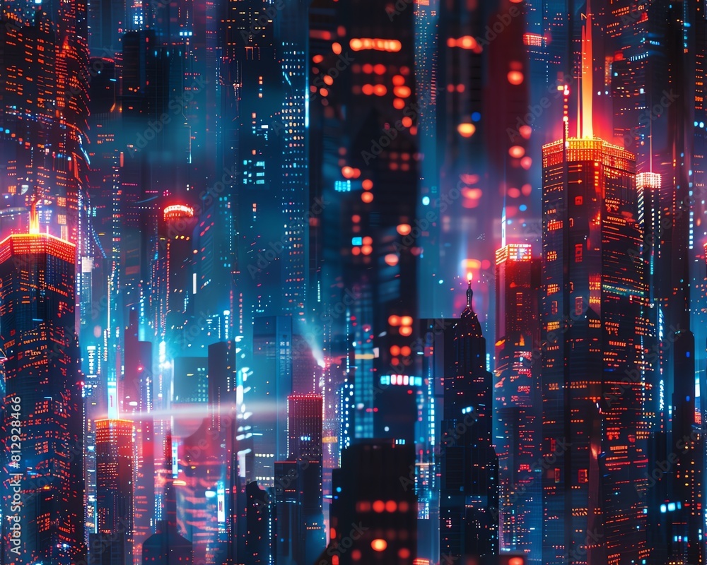 Naklejka premium Capture the grandeur of a cityscape bustling with magical commerce, showcasing soaring towers of enchanted currency and mystic stock market graphs in a tapestry of vivid hues