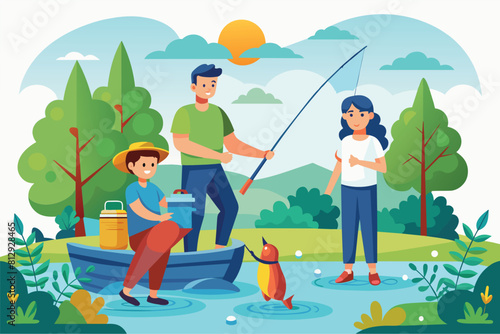 A man and a woman are on a boat, engaged in fishing activities, accompanied by a dog, Family fishing Customizable Flat Illustration