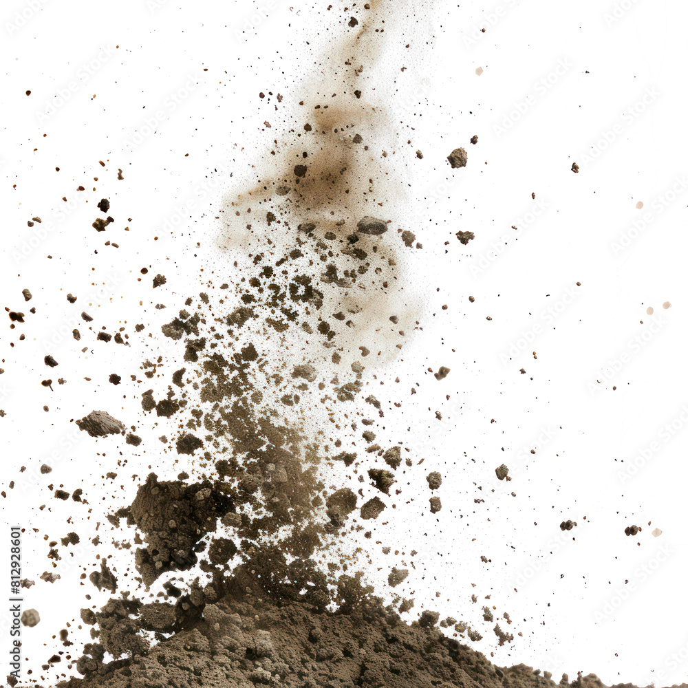 Abstract flying dust and debris, dirt cloud explode smoke cloud, a soft dust explode cloudy on transparent png.	