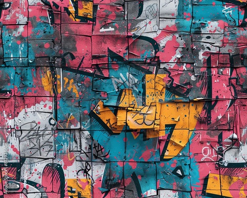 Capture the raw energy of urban exploration with a tilted view of graffiti-covered walls in striking abstract art, embodying the essence of hidden city secrets