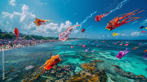 The Bali Kite Festival in Indonesia a traditional event where gigantic kites are flown competitively to thank the gods for abundant harvests featuring photo