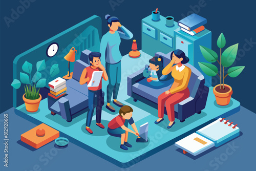 A diverse group of individuals are seated in a living room, engaged in conversation, Family stress Customizable Isometric Illustration