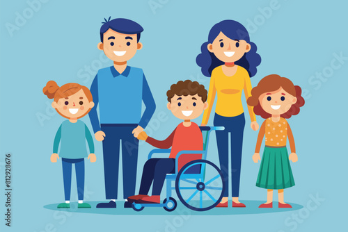 A man in a wheelchair is accompanied by two women and two children, outdoors, Family with a disabled child Customizable Disproportionate Illustration