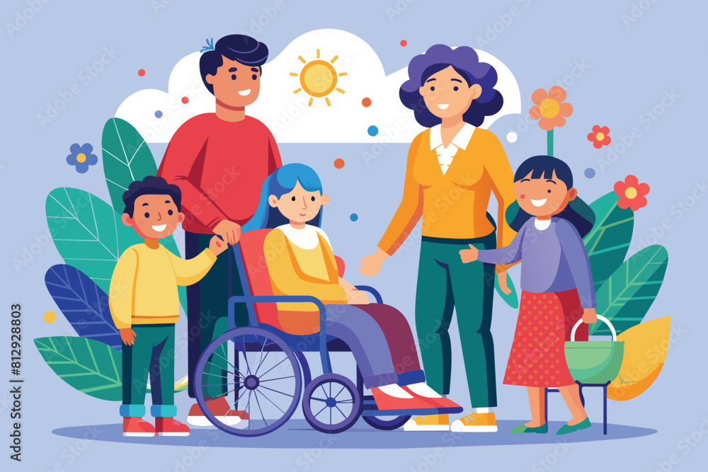 A diverse group of individuals, including a family with a disabled child, stand next to each other, Family with a disabled child Customizable Semi Flat Illustration A diverse group of individuals, including a family with a disabled child, stand next to each other, Family with a disabled child Customizable Semi Flat Illustration